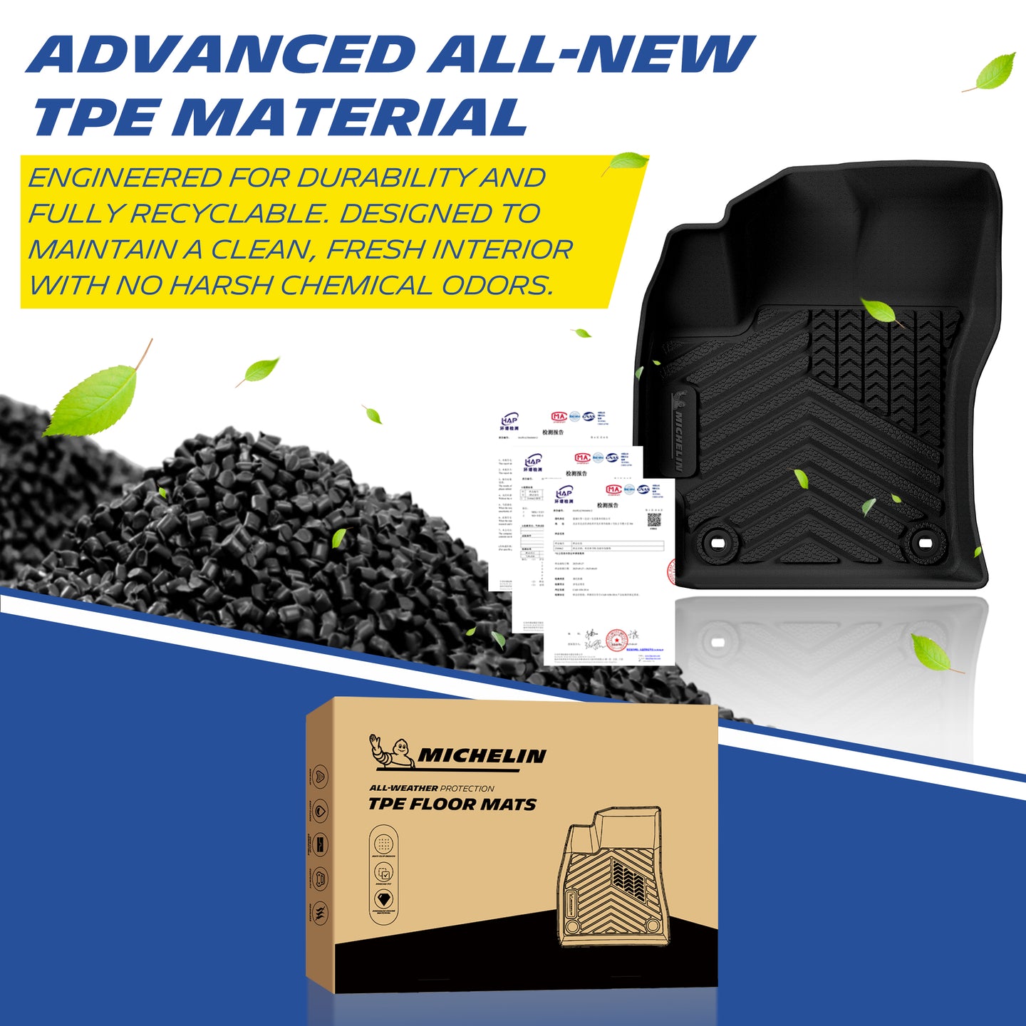 Premium recyclable odorless TPE material, durable all-weather Michelin floor mats with certification