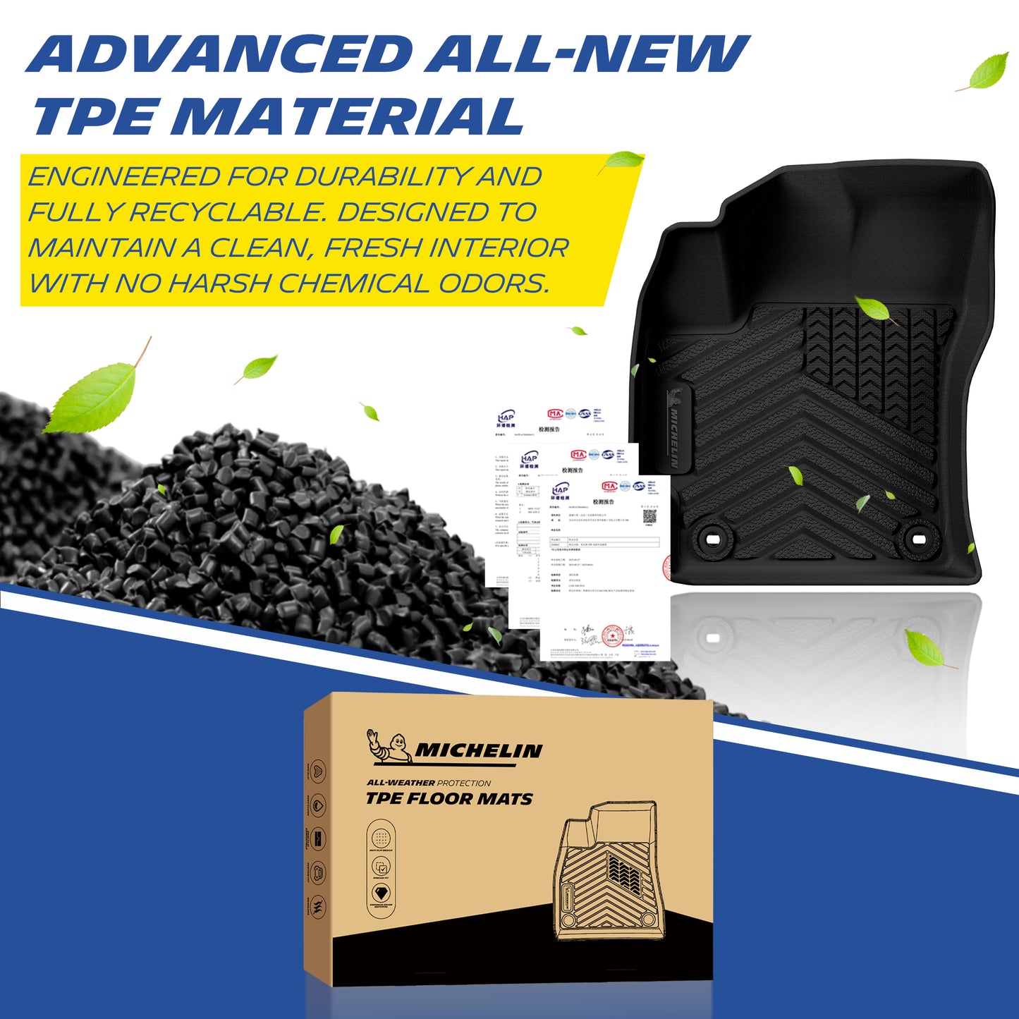 Premium recyclable odorless TPE material, durable all-weather Michelin floor mats with certification