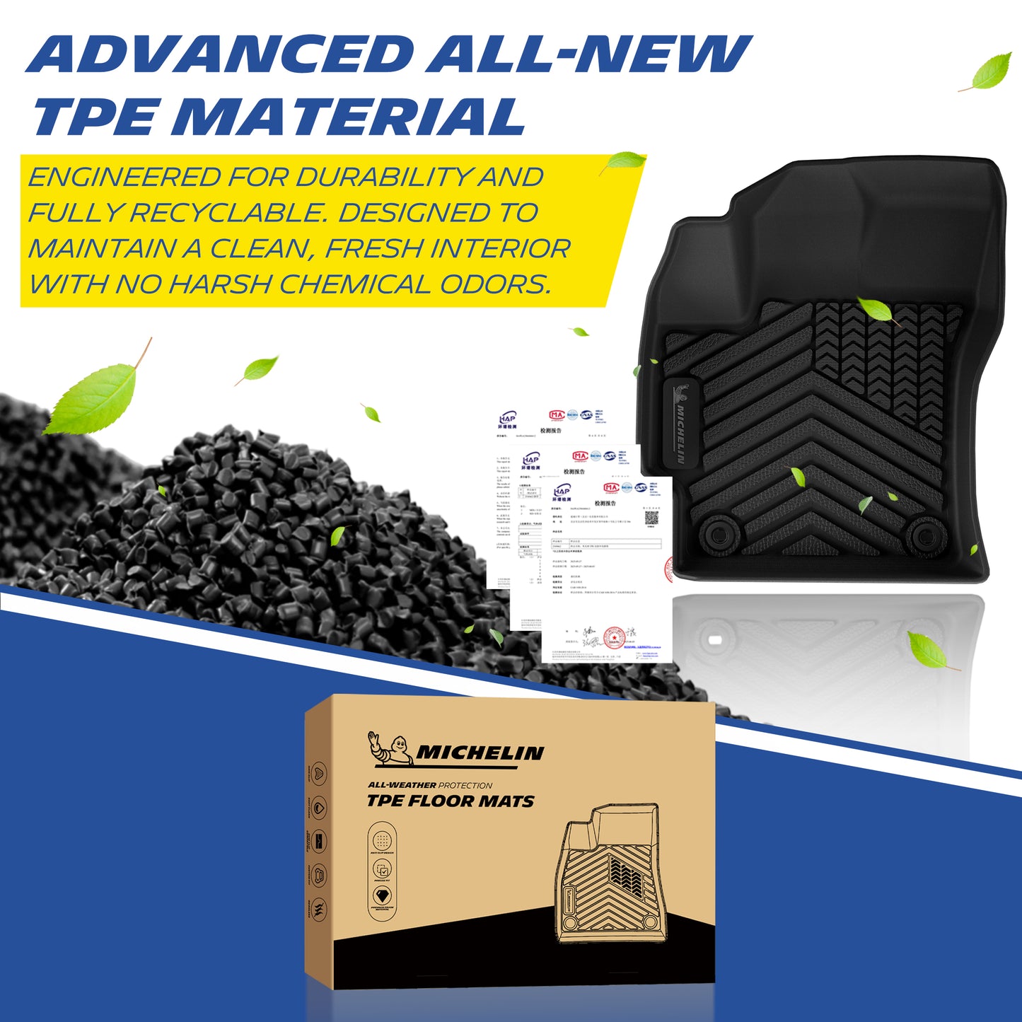 Premium new TPE material floor mats, durable recyclable, odor-free, with certification papers and Michelin packaging box