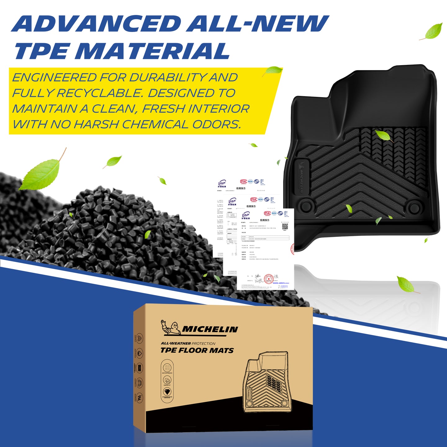 Material showcase for the MICHELIN advanced TPE car floor mats. Manufactured from highly durable, fully recyclable, and eco-friendly TPE pellets backed by official quality test reports, guaranteeing a clean, fresh, and completely odorless vehicle interior.