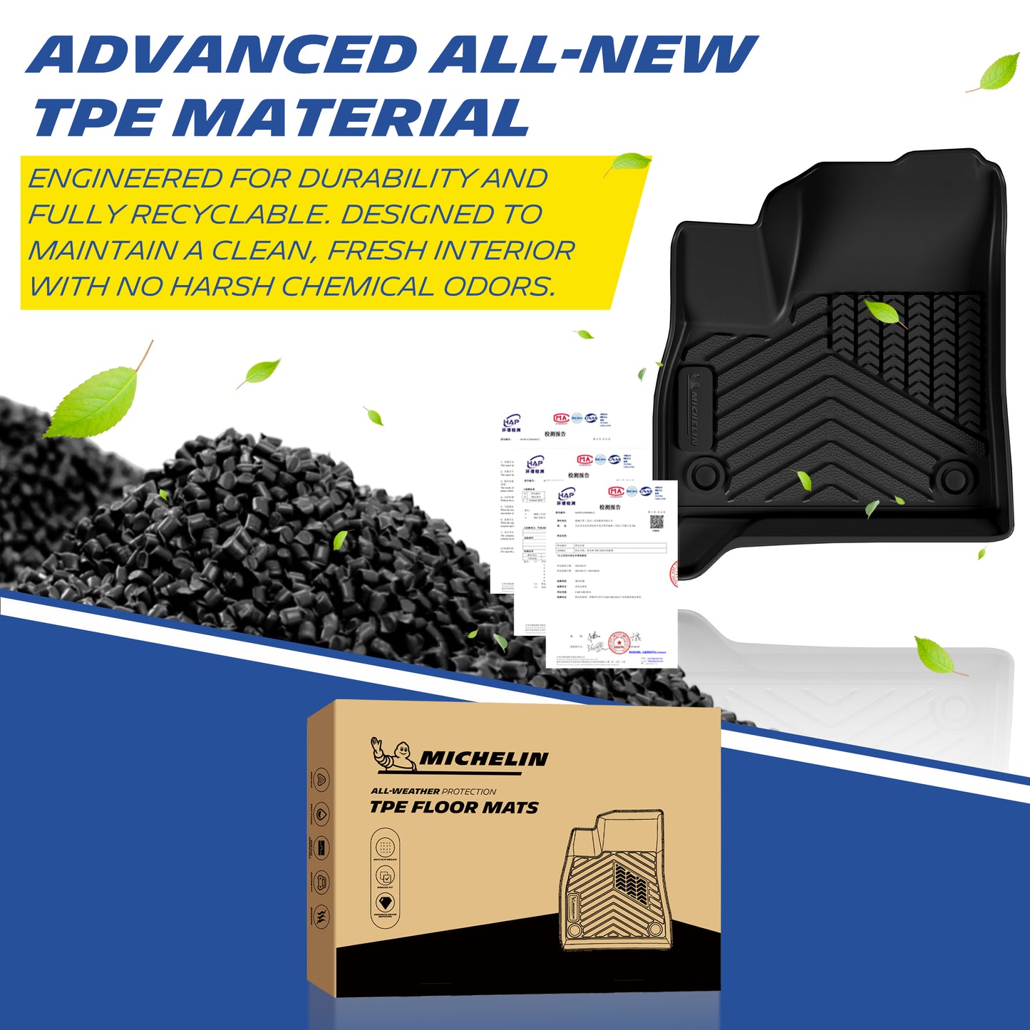 Material showcase for the MICHELIN advanced TPE car floor mats. Manufactured from highly durable, fully recyclable, and eco-friendly TPE pellets backed by official quality test reports, guaranteeing a clean, fresh, and completely odorless vehicle interior.