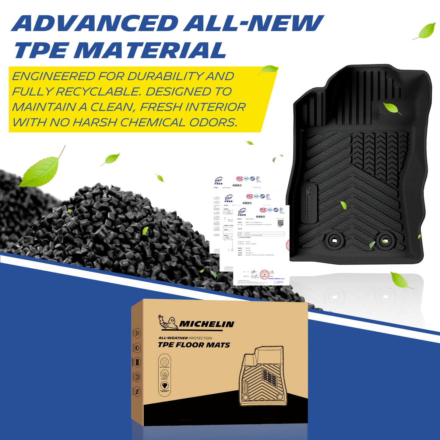 Premium new TPE material for Michelin all-weather floor liners, durable, recyclable, odor-free, product box and material pellets shown