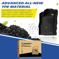 Premium new TPE material for Michelin all-weather floor liners, durable, recyclable, odor-free, product box and material pellets shown