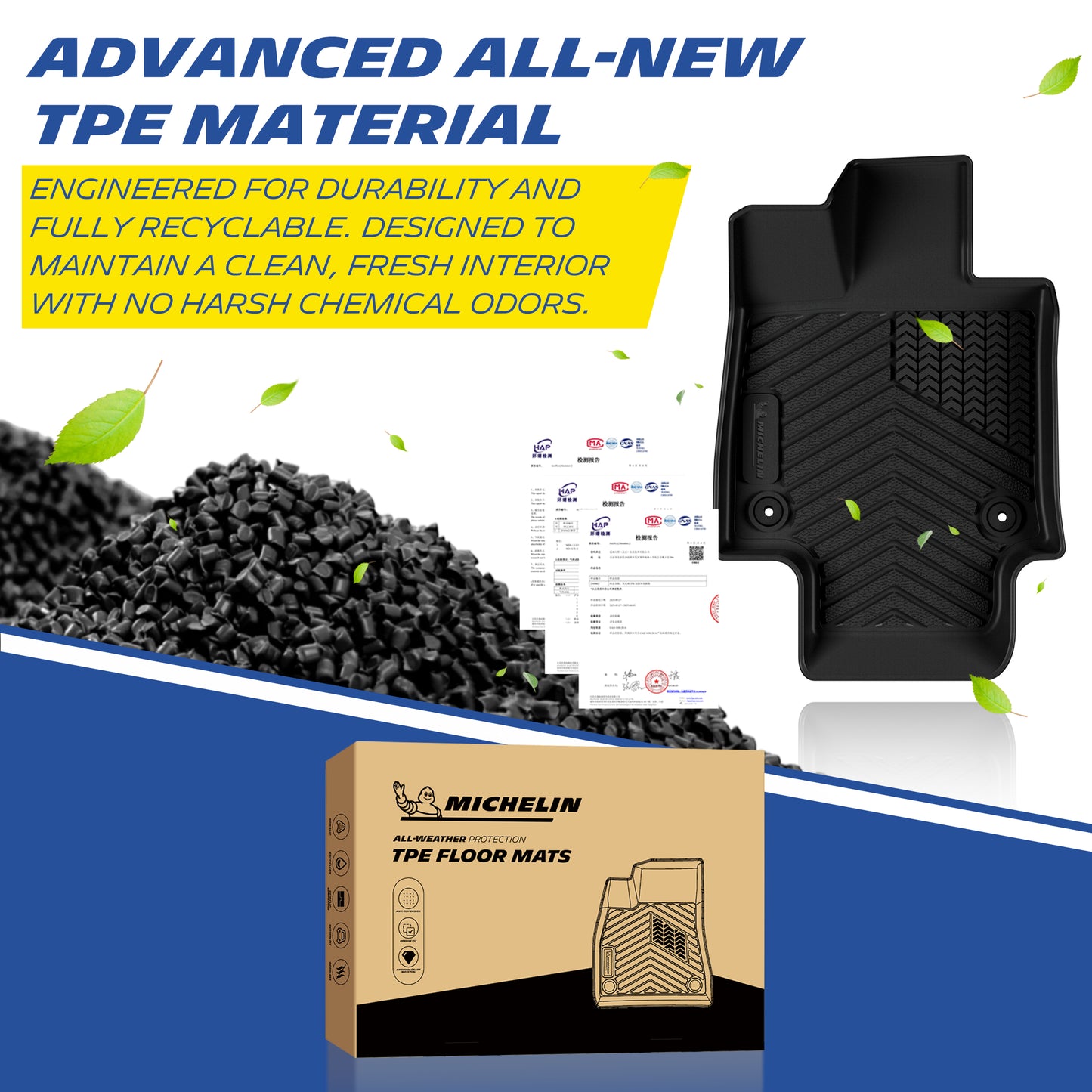 Michelin floor mats advanced TPE material, durable, recyclable, no harsh chemical odors with safety certifications