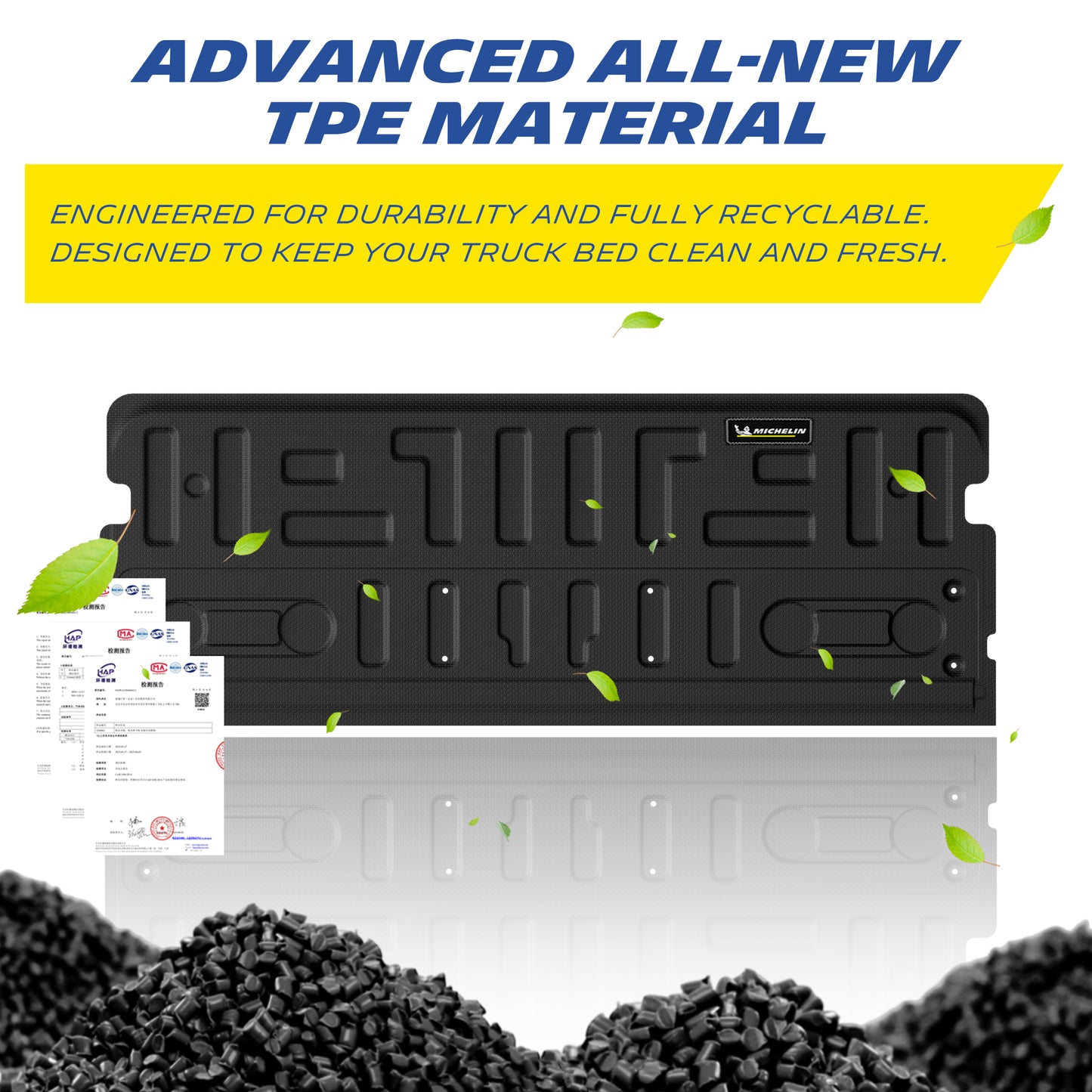 Michelin tailgate mat graphic, advanced recyclable new TPE raw‑material display
