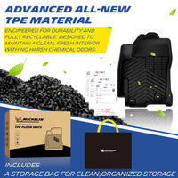 Michelin all-weather TPE floor mats, made from advanced all-new TPE material, engineered for durability and fully recyclable, maintains clean fresh interior with no harsh chemical odors, all-weather protection.