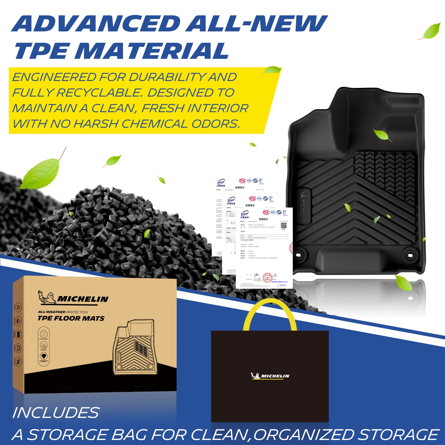 Advanced new TPE material Michelin floor‑mat with storage bag and certificates
