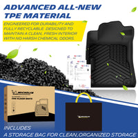 Michelin all-weather TPE floor mats, made from advanced all-new TPE material, engineered for durability and fully recyclable, maintains clean fresh interior with no harsh chemical odors, all-weather protection, includes a storage bag for clean organized storage.