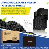 Michelin all-weather TPE mat, made from advanced all-new TPE material, engineered for durability and fully recyclable, keeps your vehicle clean and fresh, all-weather protection, includes a storage bag for clean organized storage.