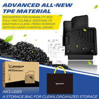 Michelin all-weather TPE floor mats, made from advanced all-new TPE material, engineered for durability and fully recyclable, maintains clean fresh interior with no harsh chemical odors, all-weather protection, includes a storage bag for clean organized storage.