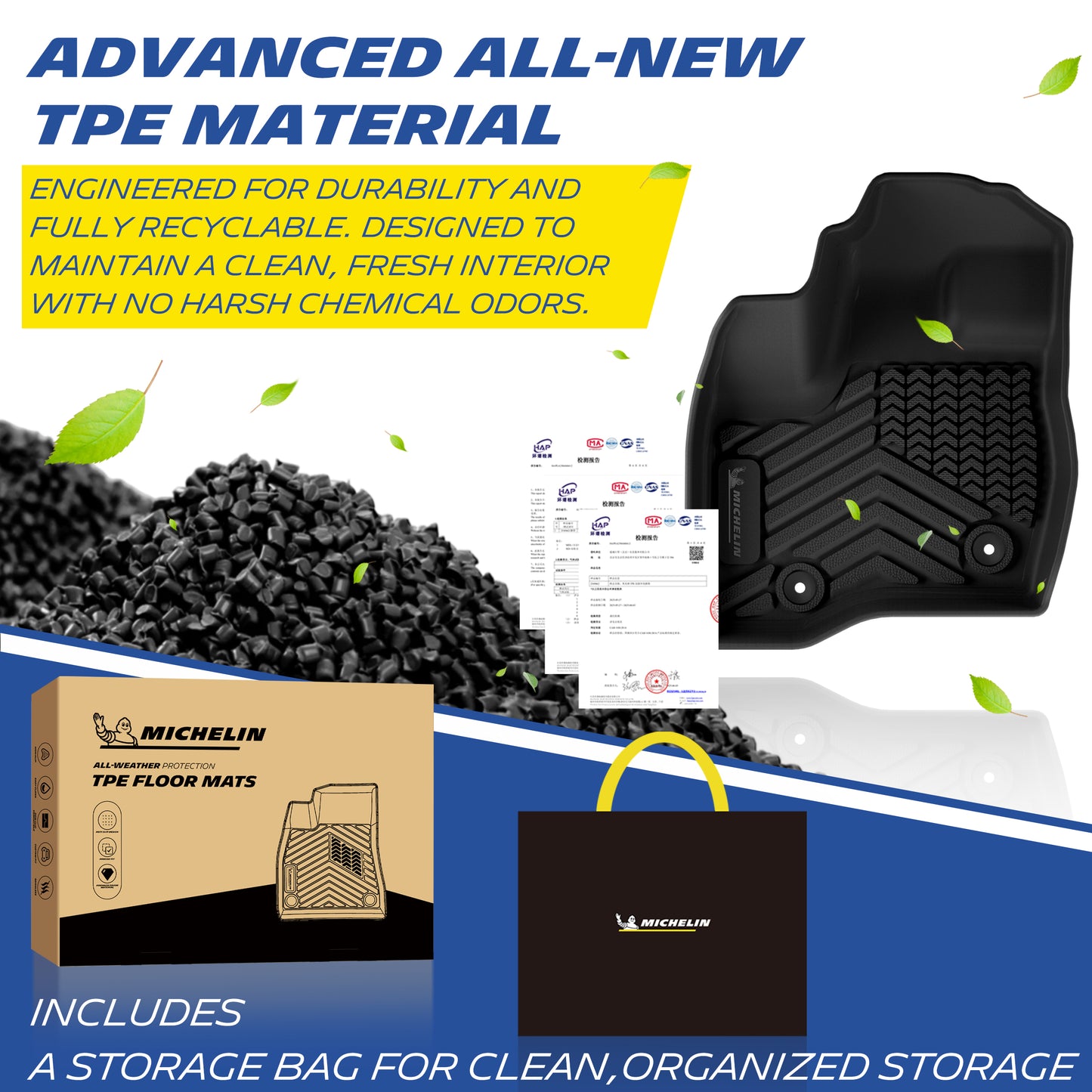 Michelin TPE floor mats adopt eco-friendly odorless material, complete with certification documents and branded storage bag.