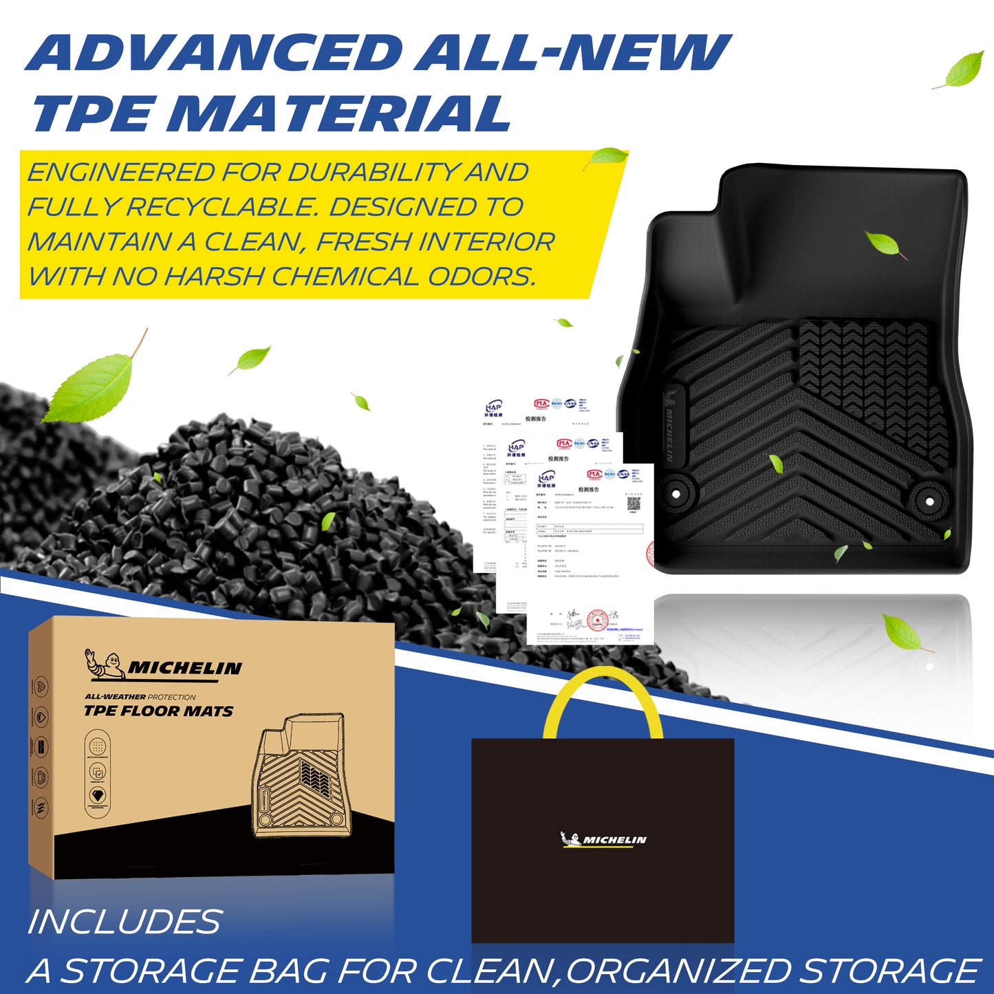 Premium Recyclable TPE, Odor-Free, Durable Floor Mats with Storage Bag