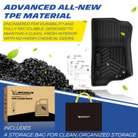 Michelin all-weather TPE floor mats, made from advanced all-new TPE material, engineered for durability and fully recyclable, maintains clean fresh interior with no harsh chemical odors, all-weather protection, includes a storage bag for clean organized storage.