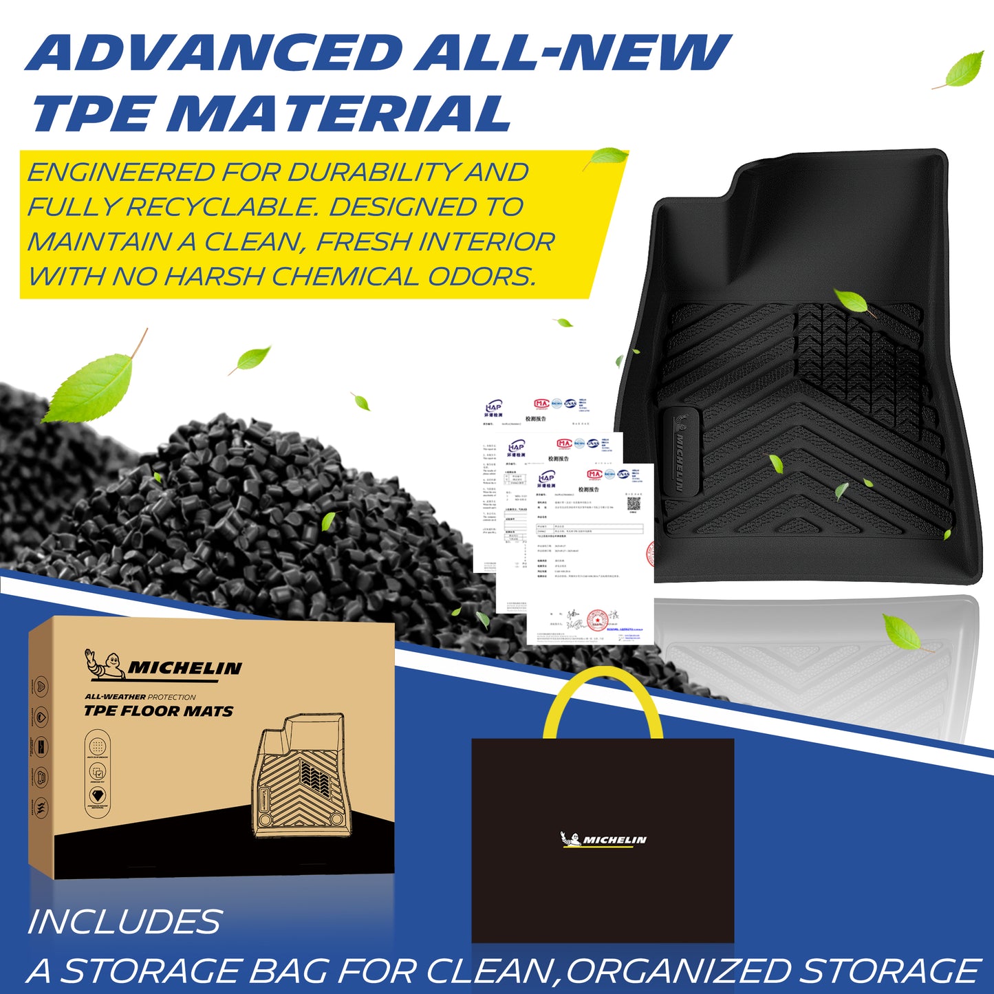 Material showcase of the advanced TPE car floor mat for 2017-2023 Tesla Model 3. Made from durable, fully recyclable, and odorless TPE pellets backed by official quality test reports. The set includes a premium MICHELIN branded storage bag for clean and organized storage.
