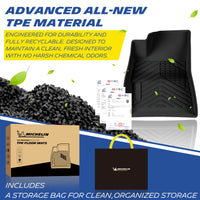 Material showcase of the advanced TPE car floor mat for 2017-2023 Tesla Model 3. Made from durable, fully recyclable, and odorless TPE pellets backed by official quality test reports. The set includes a premium MICHELIN branded storage bag for clean and organized storage.