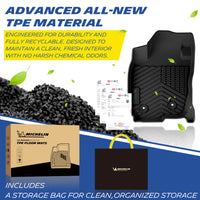 Michelin all-weather TPE floor mats, made from advanced all-new TPE material, engineered for durability and fully recyclable, maintains clean fresh interior with no harsh chemical odors, all-weather protection, includes a storage bag for clean organized storage.