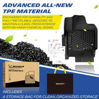 Michelin all-weather TPE floor mats, made from advanced all-new TPE material, engineered for durability and fully recyclable, maintains clean fresh interior with no harsh chemical odors, all-weather protection, includes a storage bag for clean organized storage.
