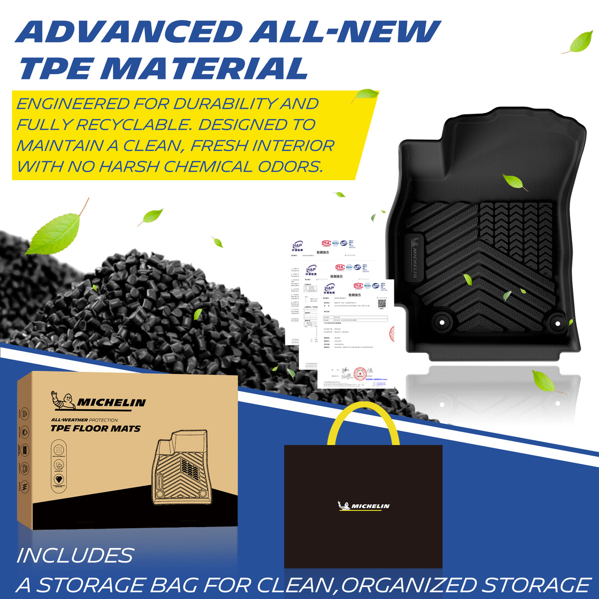 Material showcase of the advanced TPE car floor mats for Hyundai Elantra. Manufactured from highly durable, fully recyclable, and eco-friendly TPE pellets backed by official quality test reports, ensuring an odorless interior. Includes a MICHELIN branded storage bag.