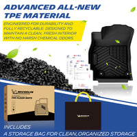 Material showcase of the advanced TPE car floor mats for Hyundai Elantra. Manufactured from highly durable, fully recyclable, and eco-friendly TPE pellets backed by official quality test reports, ensuring an odorless interior. Includes a MICHELIN branded storage bag.