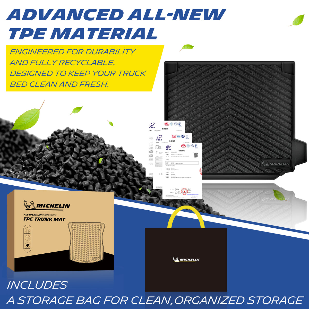 Michelin recyclable premium TPE trunk mat with storage bag and original packaging