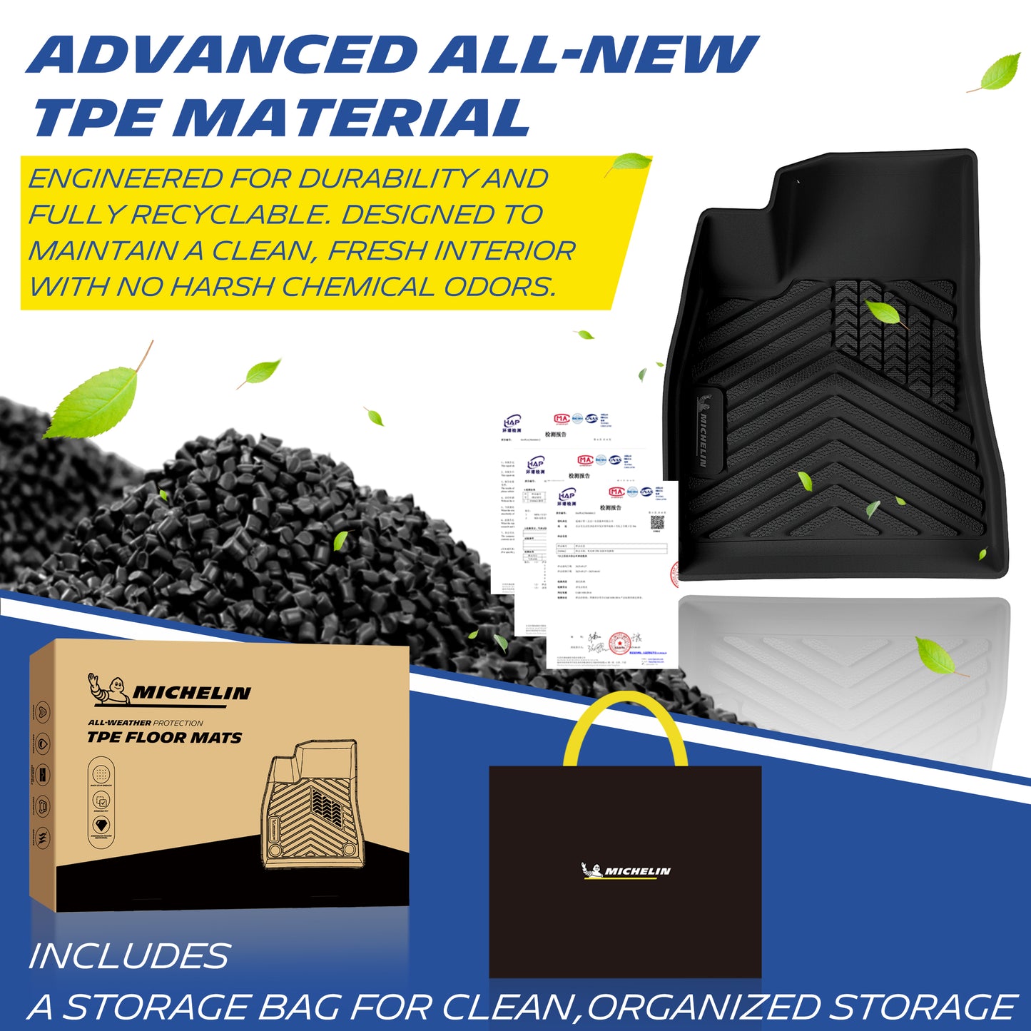 Material showcase of the advanced TPE car floor mat for the 2024-2027 Tesla Model 3. Manufactured from durable, fully recyclable, and eco-friendly TPE pellets backed by official quality test reports, ensuring a completely odorless interior. The set includes a premium MICHELIN branded storage bag.
