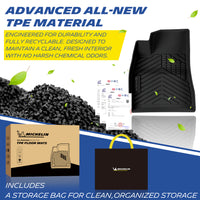 Material showcase of the advanced TPE car floor mat for the 2024-2027 Tesla Model 3. Manufactured from durable, fully recyclable, and eco-friendly TPE pellets backed by official quality test reports, ensuring a completely odorless interior. The set includes a premium MICHELIN branded storage bag.