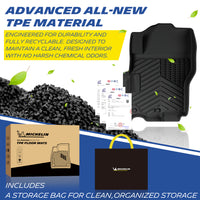 Michelin all-weather TPE floor mats, made from advanced all-new TPE material, engineered for durability and fully recyclable, maintains clean fresh interior with no harsh chemical odors, all-weather protection.