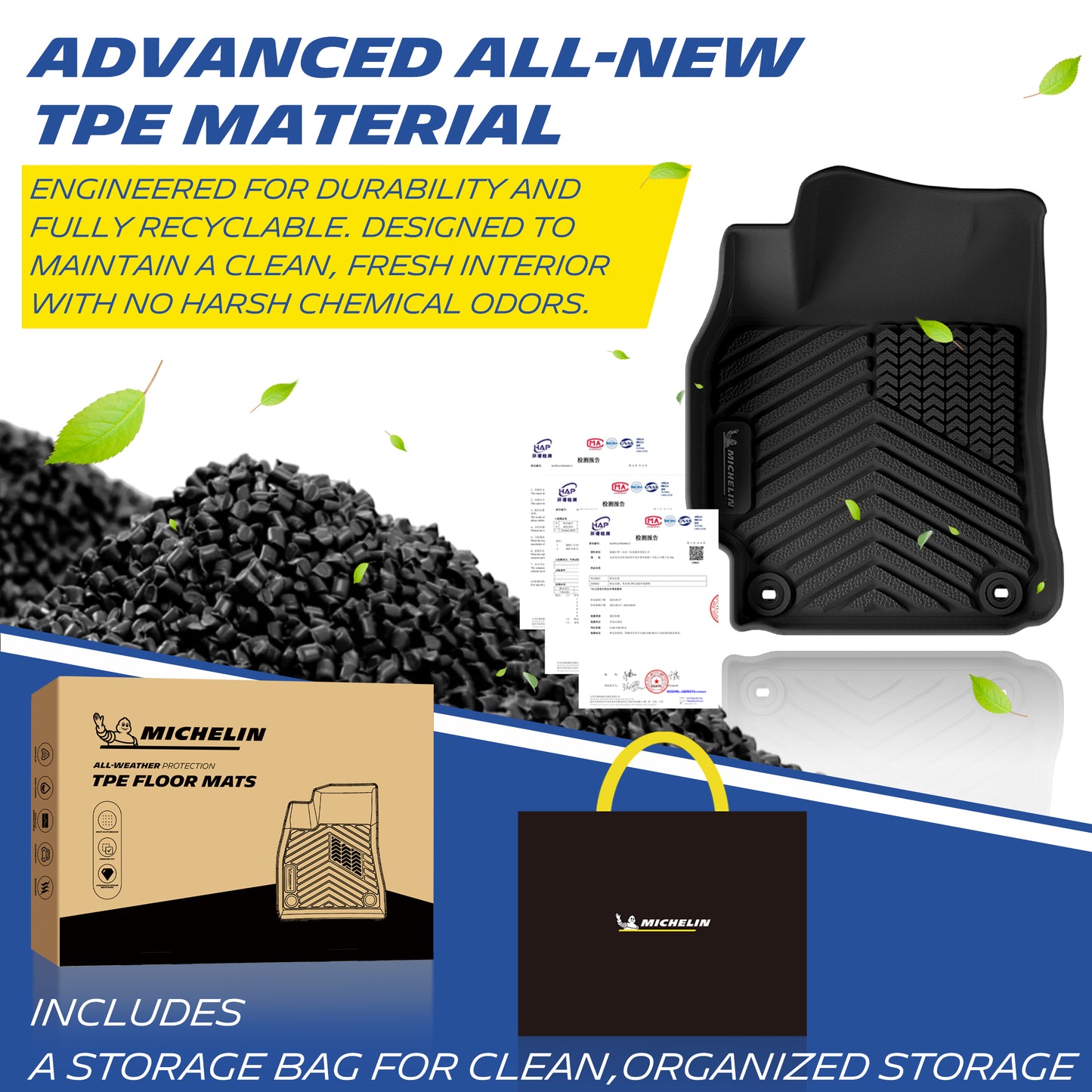 New eco TPE: durable, odorless, recyclable, with Michelin storage bag