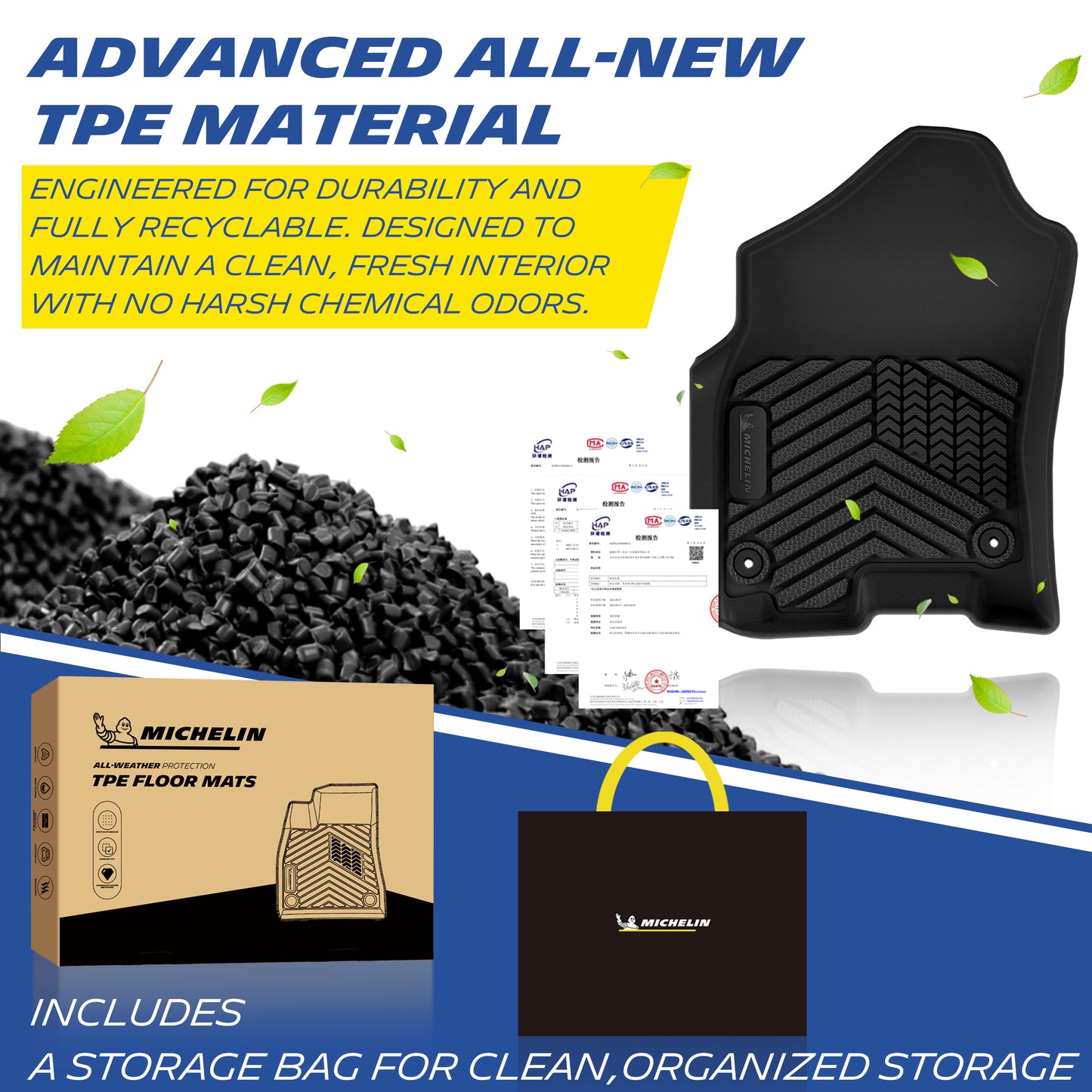 Michelin all-weather TPE floor mats, made from advanced all-new TPE material, engineered for durability and fully recyclable, maintains clean fresh interior with no harsh chemical odors, all-weather protection.