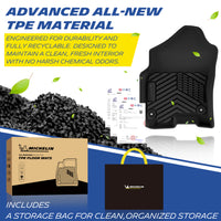 Michelin all-weather TPE floor mats, made from advanced all-new TPE material, engineered for durability and fully recyclable, maintains clean fresh interior with no harsh chemical odors, all-weather protection.