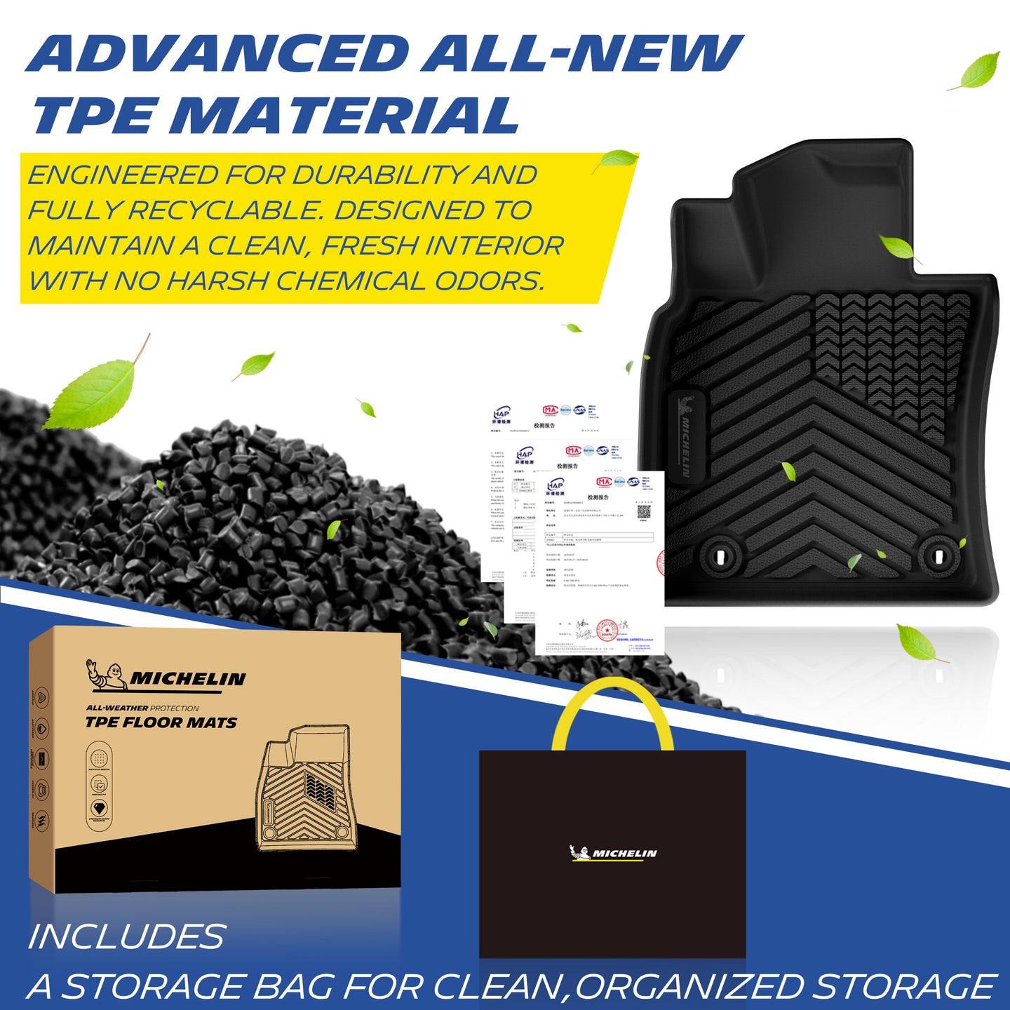 Premium Recyclable TPE, Odor-Free, Durable Floor Mats with Storage Bag