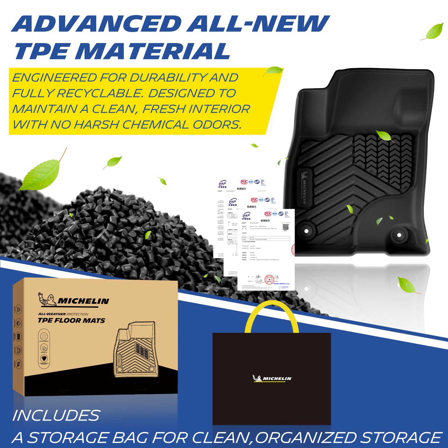 Michelin advanced recyclable odor‑free TPE floor mats, comes with storage bag and retail packaging