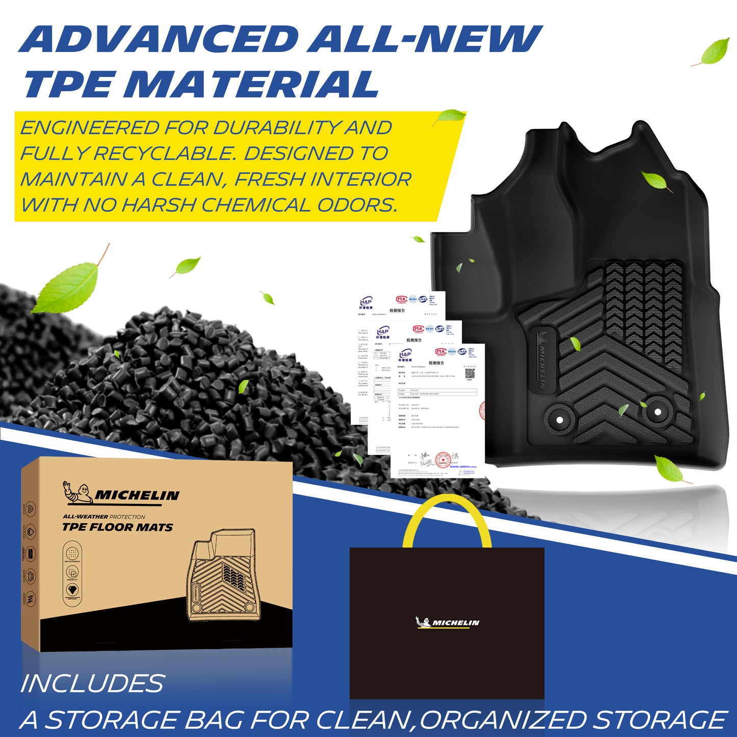 Advanced new TPE material Michelin trunk mat set, durable & recyclable, comes with storage bag and branded packaging.