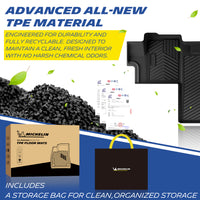 Michelin all-weather TPE floor mats, made from advanced all-new TPE material, engineered for durability and fully recyclable, maintains clean fresh interior with no harsh chemical odors, all-weather protection, includes a storage bag for clean organized storage.