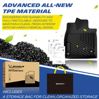 Michelin all-weather TPE floor mats, made from advanced all-new TPE material, engineered for durability and fully recyclable, maintains clean fresh interior with no harsh chemical odors, all-weather protection, includes a storage bag for clean organized storage.