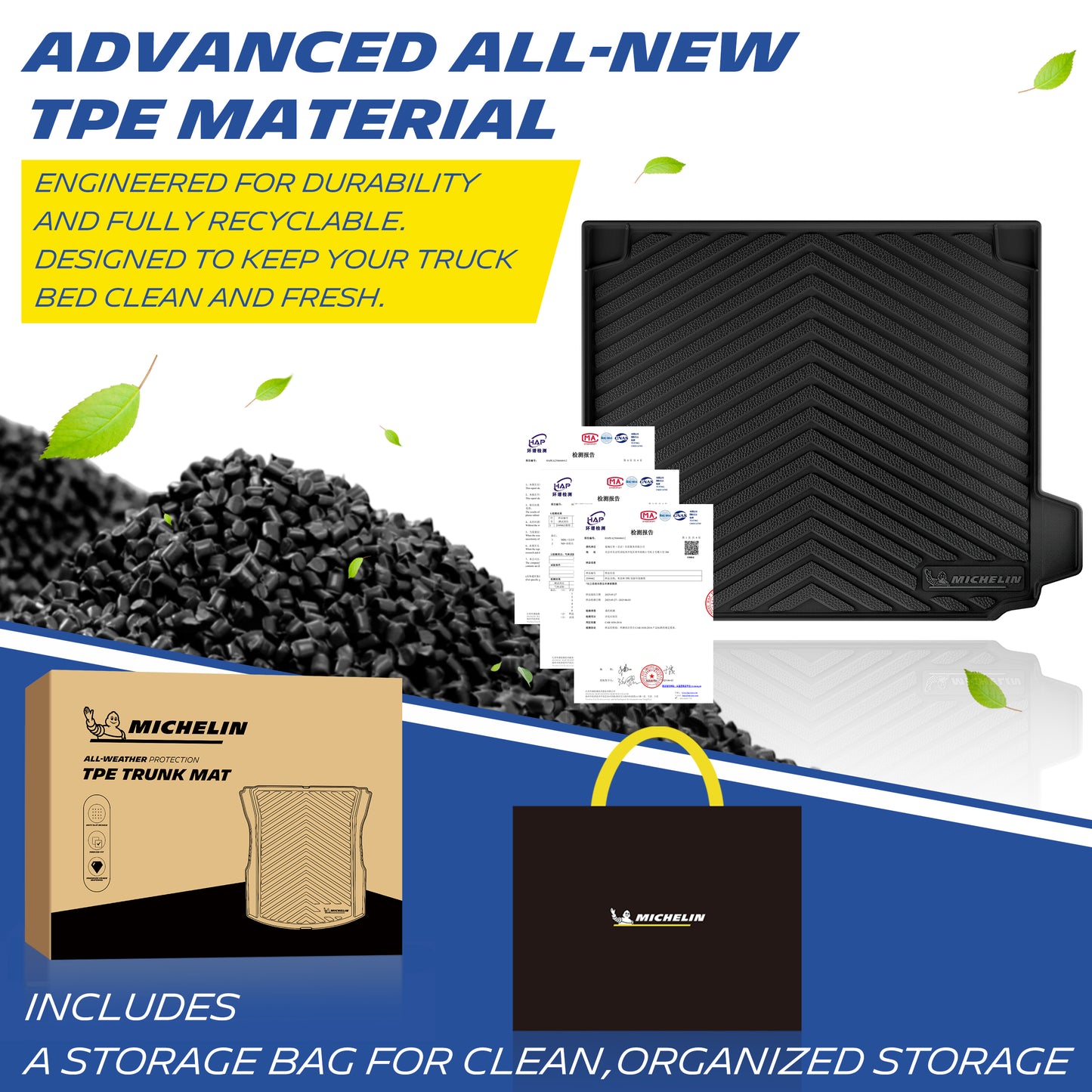 Premium odor-free recyclable TPE floor mat material display with Michelin packaging and matching storage tote bag