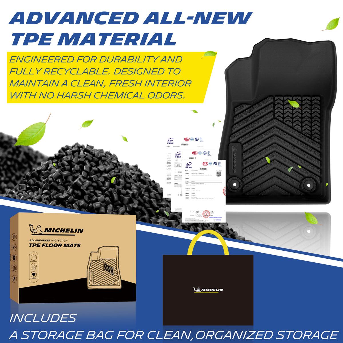 Material showcase of the advanced TPE car floor mats for the 2014-2023 Chevy Trax. Manufactured from highly durable, fully recyclable, and eco-friendly TPE pellets backed by official quality test reports, ensuring a completely odorless and safe vehicle interior. Includes a MICHELIN branded storage bag.