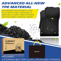 Material showcase of the advanced TPE car floor mats for the 2014-2023 Chevy Trax. Manufactured from highly durable, fully recyclable, and eco-friendly TPE pellets backed by official quality test reports, ensuring a completely odorless and safe vehicle interior. Includes a MICHELIN branded storage bag.