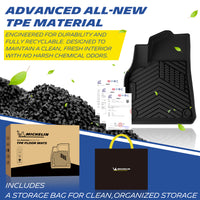 Michelin all-weather TPE floor mats, made from advanced all-new TPE material, engineered for durability and fully recyclable, maintains clean fresh interior with no harsh chemical odors, all-weather protection, includes a storage bag for clean organized storage.