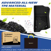 Michelin all-weather TPE floor mats, made from advanced all-new TPE material, engineered for durability and fully recyclable, maintains clean fresh interior with no harsh chemical odors, all-weather protection, includes a storage bag for clean organized storage.