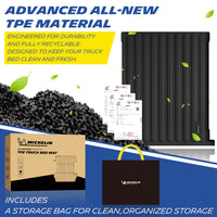Michelin all-weather TPE truck bed mat, made from advanced all-new TPE material, engineered for durability and fully recyclable, keeps truck bed clean and fresh, all-weather protection, includes a storage bag for clean organized storage.