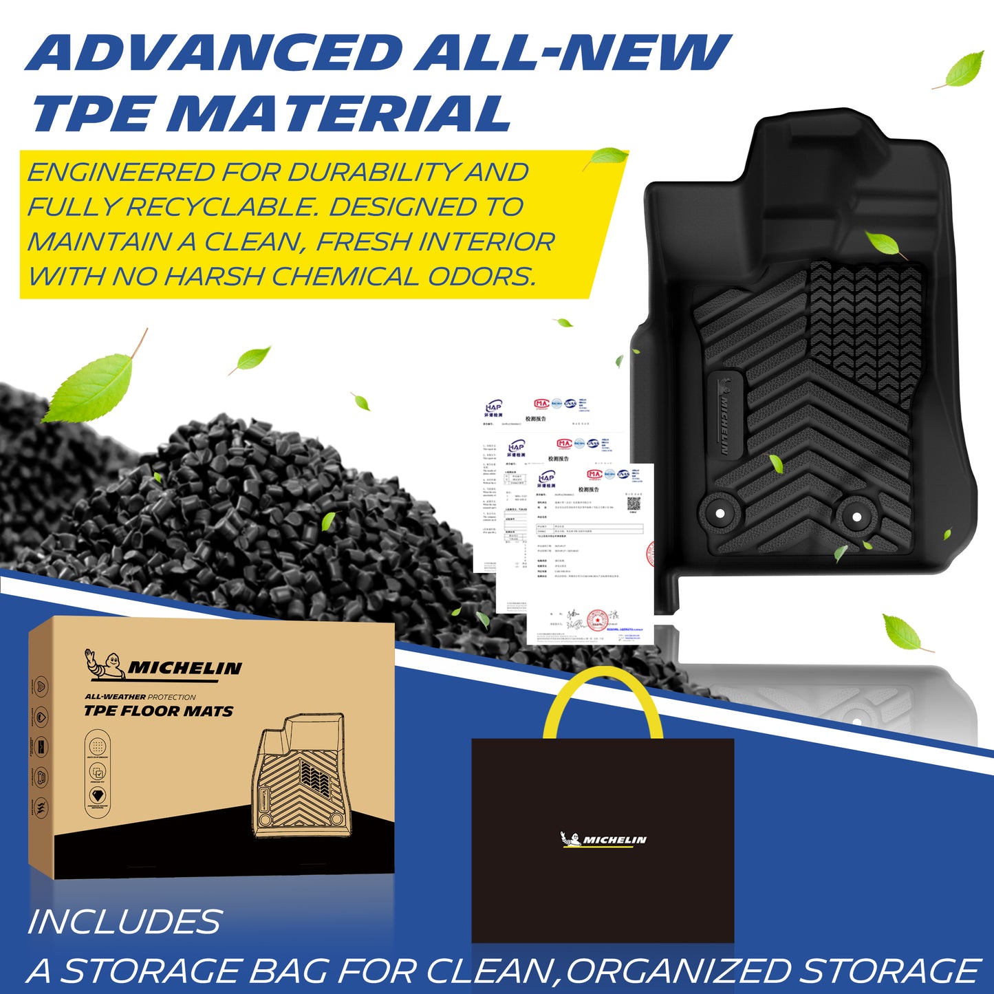 Advanced new TPE material Michelin trunk mat set, durable & recyclable, comes with storage bag and branded packaging.