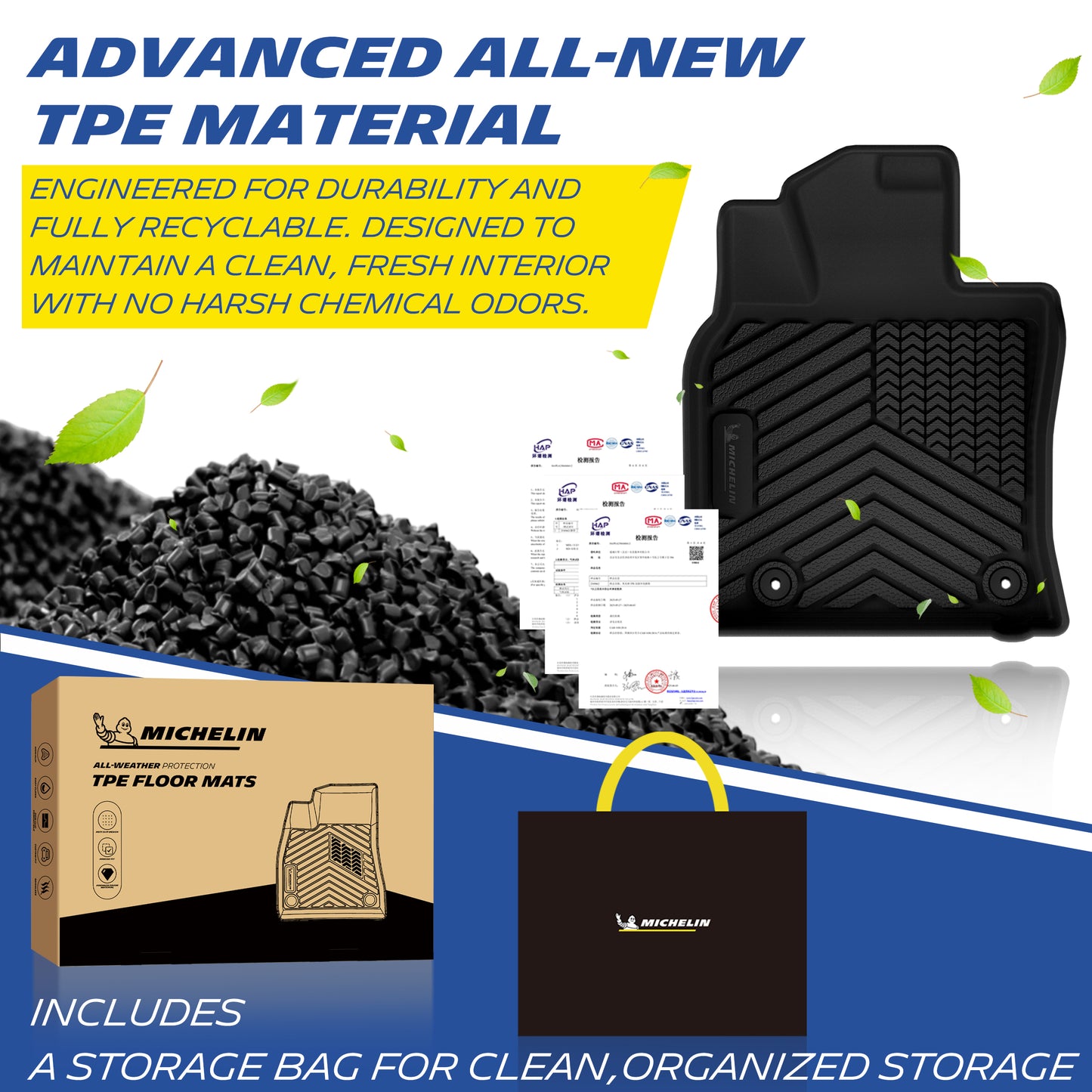 Premium odorless recyclable TPE material display for Michelin floor mats, comes with branded storage bag & gift box