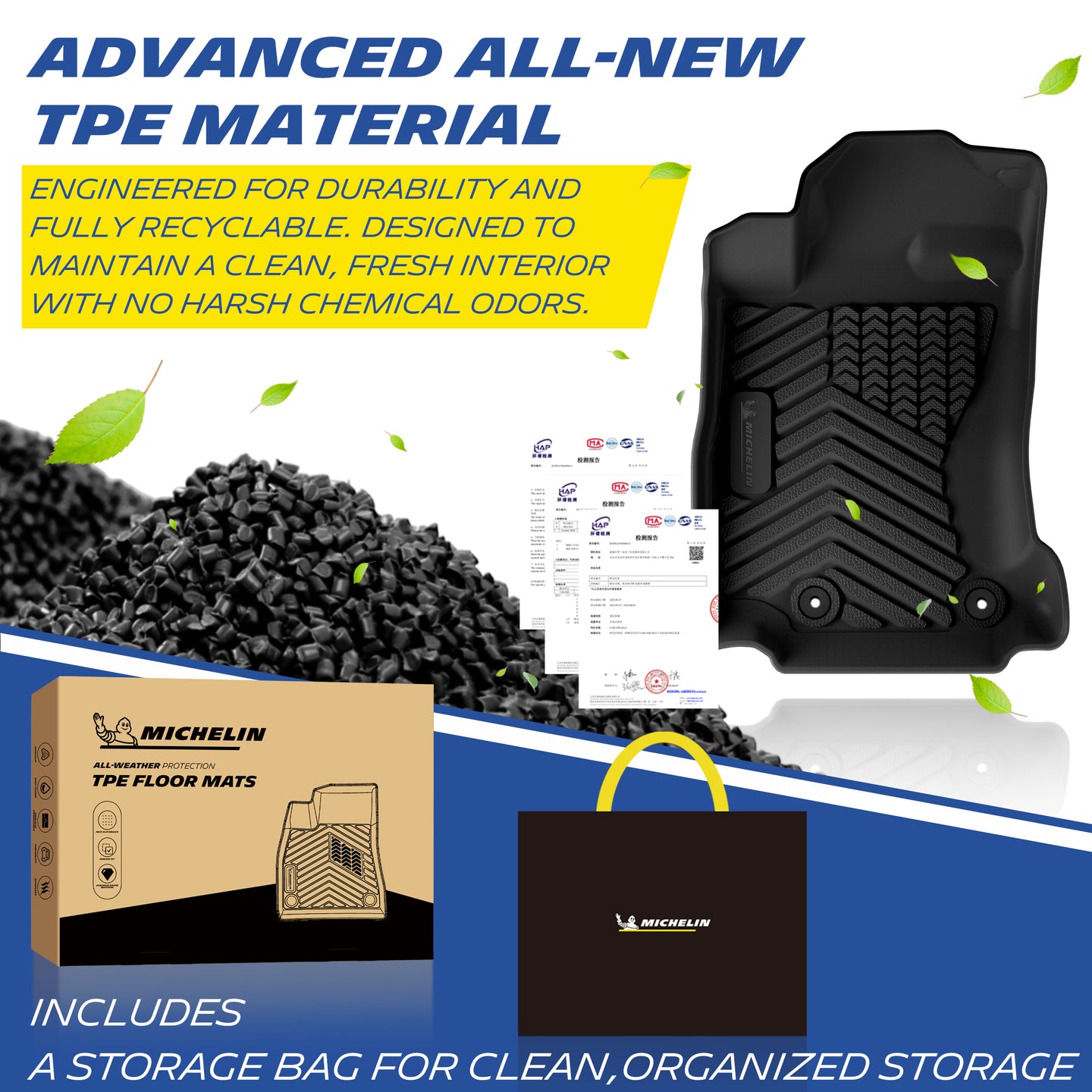 Eco-friendly odorless recyclable TPE material with storage tote and certification docs