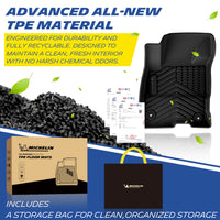 Michelin all-weather TPE floor mats, made from advanced all-new TPE material, engineered for durability and fully recyclable, maintains clean fresh interior with no harsh chemical odors, all-weather protection, includes a storage bag for clean organized storage.