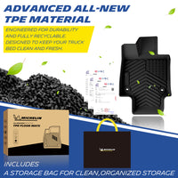 Michelin all-weather TPE floor mats, made from advanced all-new TPE material, engineered for durability and fully recyclable, maintains clean fresh interior, all-weather protection, includes a storage bag for clean organized storage.