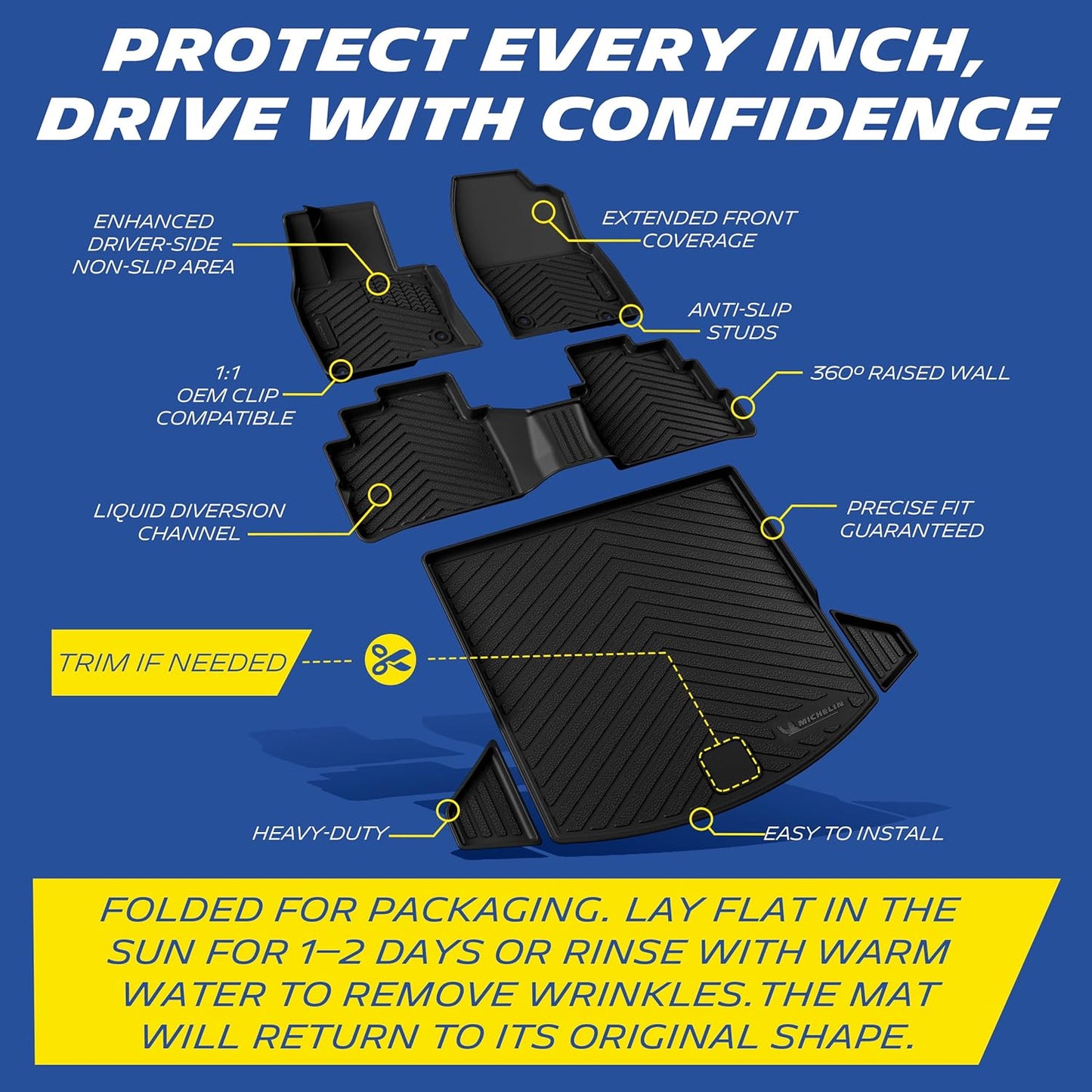 A set of Michelin all-weather TPE truck bed and floor mats displayed with features and packaging.