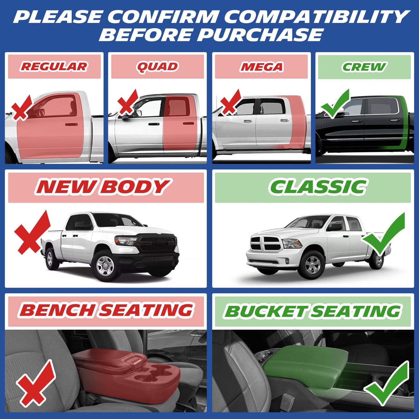 Michelin TPE floor mats, please confirm vehicle compatibility before purchase, available for Regular, Quad, Mega, and Crew cab types, New Body and Classic body styles, with Bench Seating and Bucket Seating options.