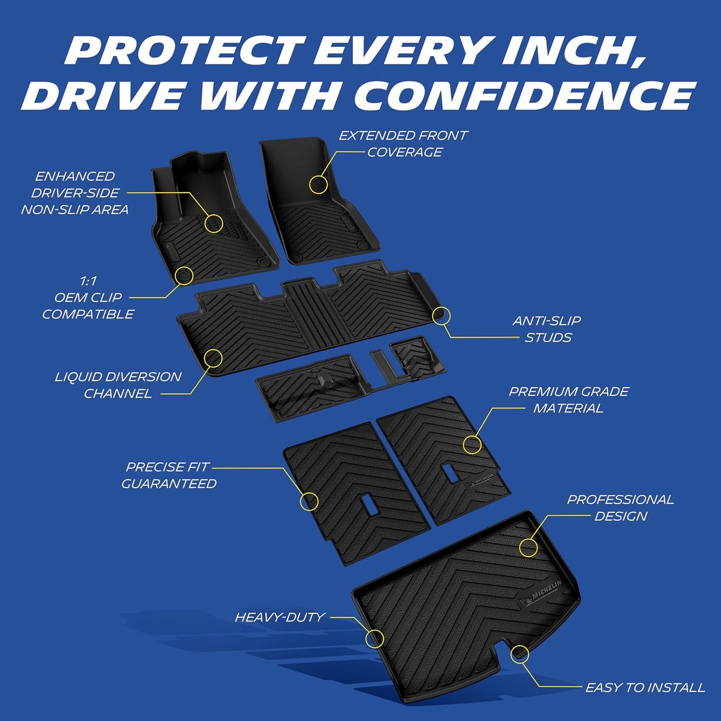 Non-slip car floor mats set, 360-degree raised edge, liquid diversion channels, durable TPE material, precise fit for vehicle, enhanced driver-side anti-slip, prevents mat shifting