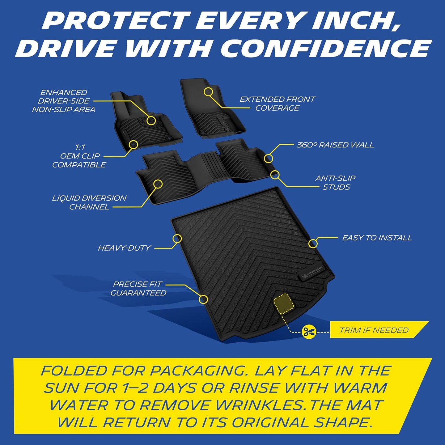 Michelin all-weather TPE floor mats, enhanced driver-side non-slip area, extended front coverage, 360° raised wall, OEM clip compatible with anti-slip studs, liquid diversion channel, heavy-duty and easy to install with precise fit guaranteed, trim if needed. Folded for packaging, lay flat in sun for 1-2 days or rinse with warm water to remove wrinkles, mat will return to original shape.